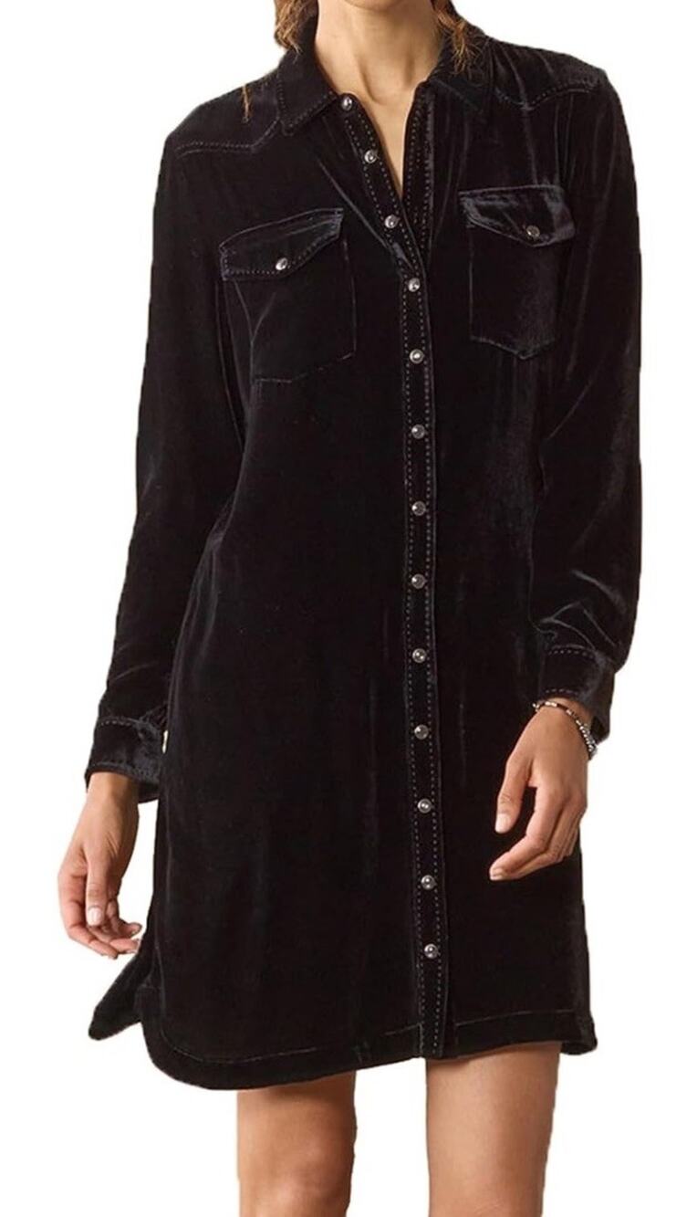 Sundance Velvet Black Western Shirt Dress Pearl Snap Silk Blend Cowgirl Medium